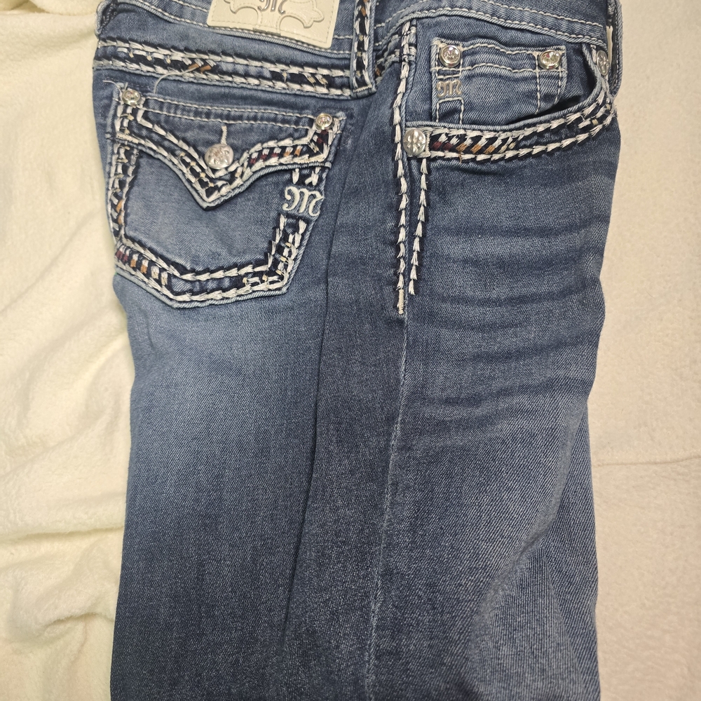 Miss Me Blue Straight Leg Jeans with White Accents